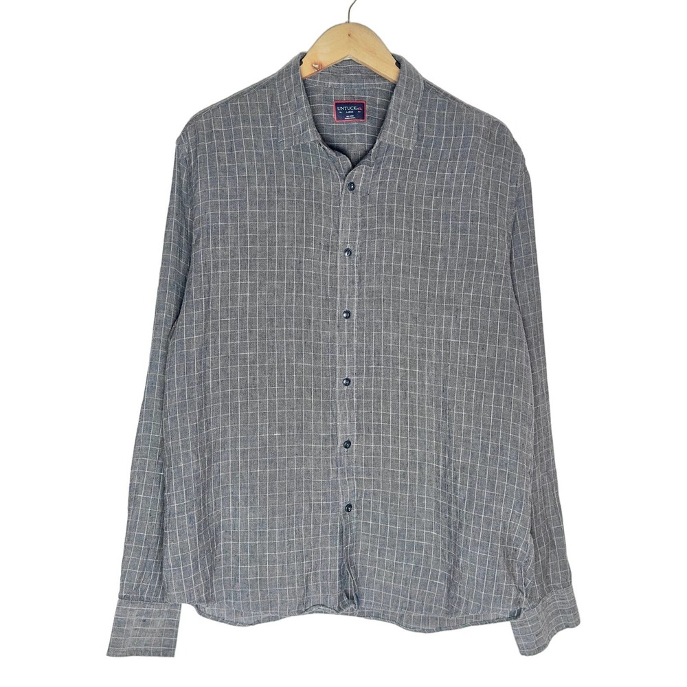 UNTUCKit | Men | Chauvin Gray Checker 100% Linen Button Up Shirt | Size Large